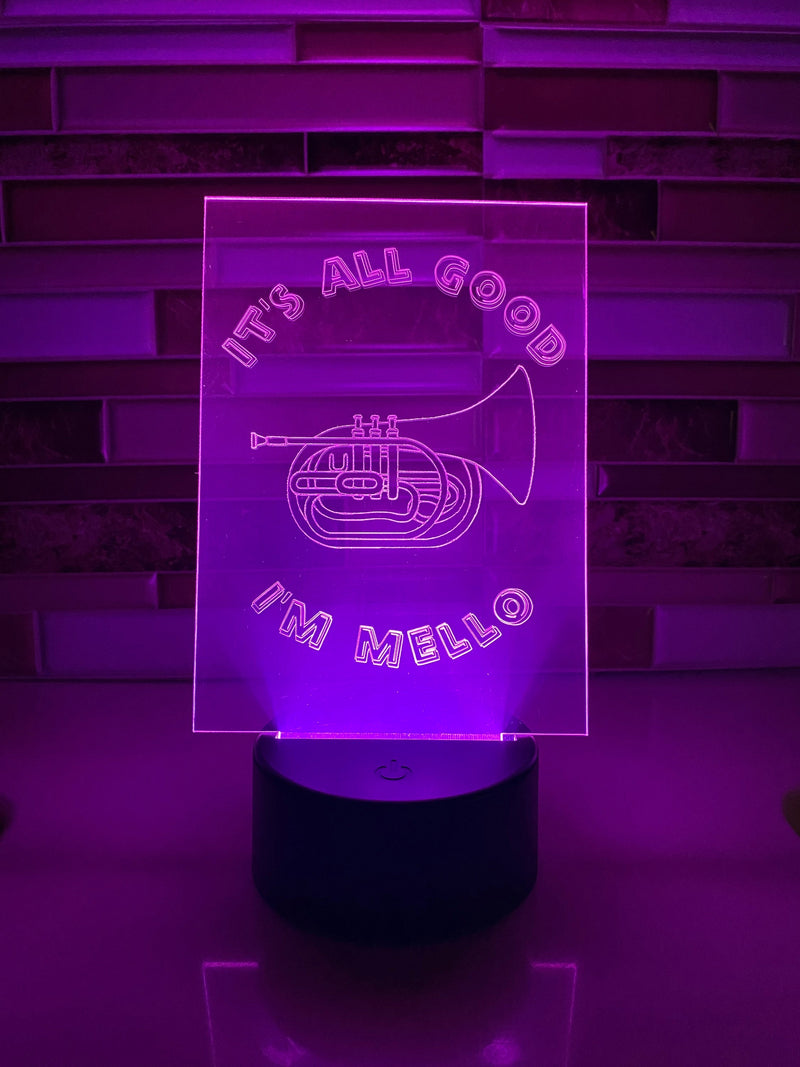 I’m Mello Mellophone LED lamp, engraved acrylic light, desktop light, music decor, for horn player, color changing nightlight, band student