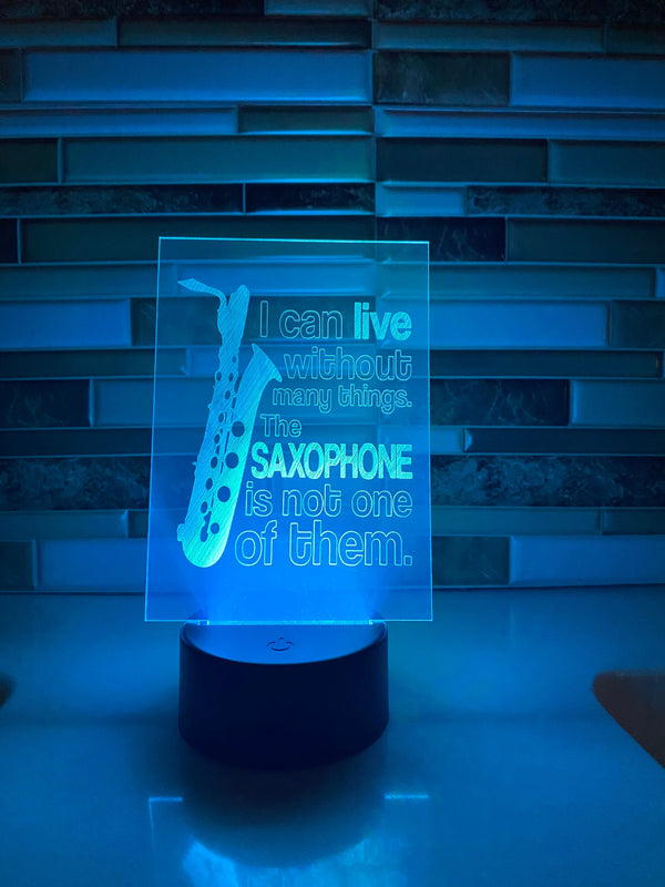 Can’t Live Without Bari Sax LED lamp, engraved acrylic light, desktop light, music decor, for saxophone player, color changing nightlight