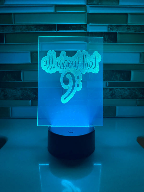 All About That Bass LED lamp, engraved acrylic light, orchestra gift, music decor, for cello bass player, bass clef nightlight