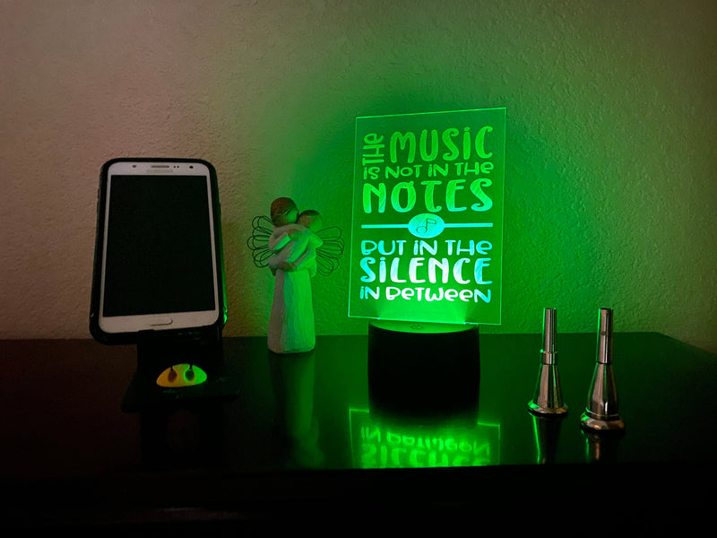 Music in the Silence LED lamp, engraved acrylic light, desktop light, music decor, gift for music educator, color changing nightlight, band