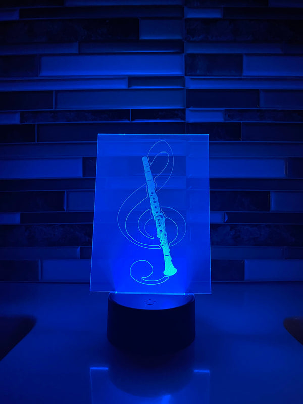 Treble Clef Clarinet LED lamp, engraved acrylic light, desktop light, music student decor, for clarinet player, color changing nightlight