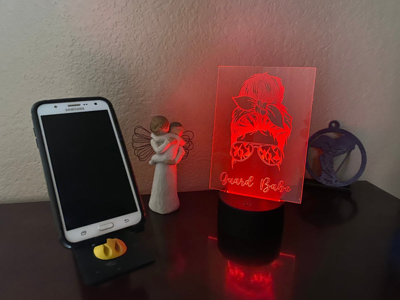 Guard Babe LED lamp, engraved acrylic light, desktop light, music decor, gift for colorguard member, color changing nightlight, color guard