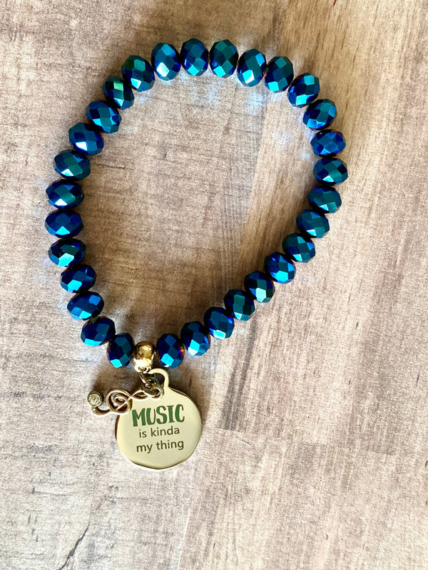 Music is Kinda My Thing Charm Bracelet, Treble Clef & Rhinestone, Blue beads, elastic band, back to school, college teacher student gift