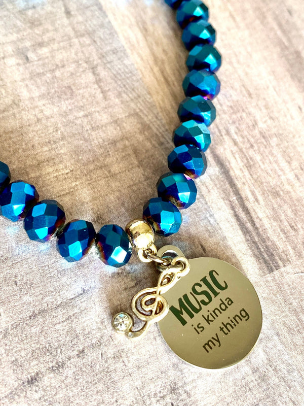 Music is Kinda My Thing Charm Bracelet, Treble Clef & Rhinestone, Blue beads, elastic band, back to school, college teacher student gift