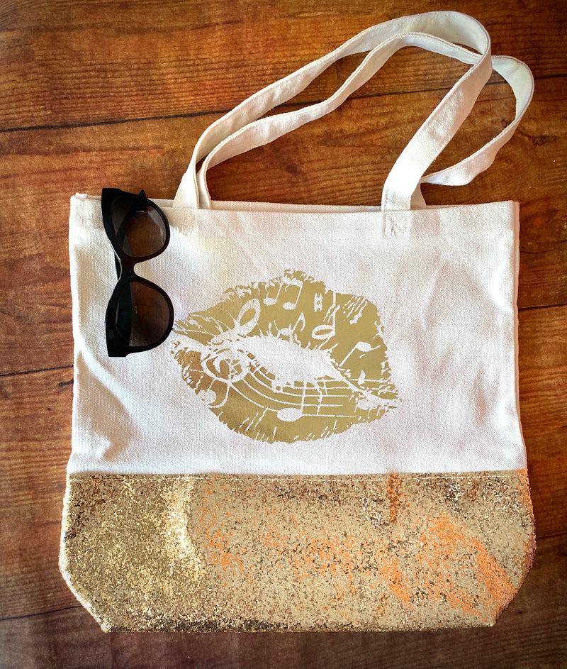 Gold Music Lips Canvas Glitter Tote, Music Lover Glitter Purse, Sparkle Sheet Music Bag, Back to school college music student teacher gift