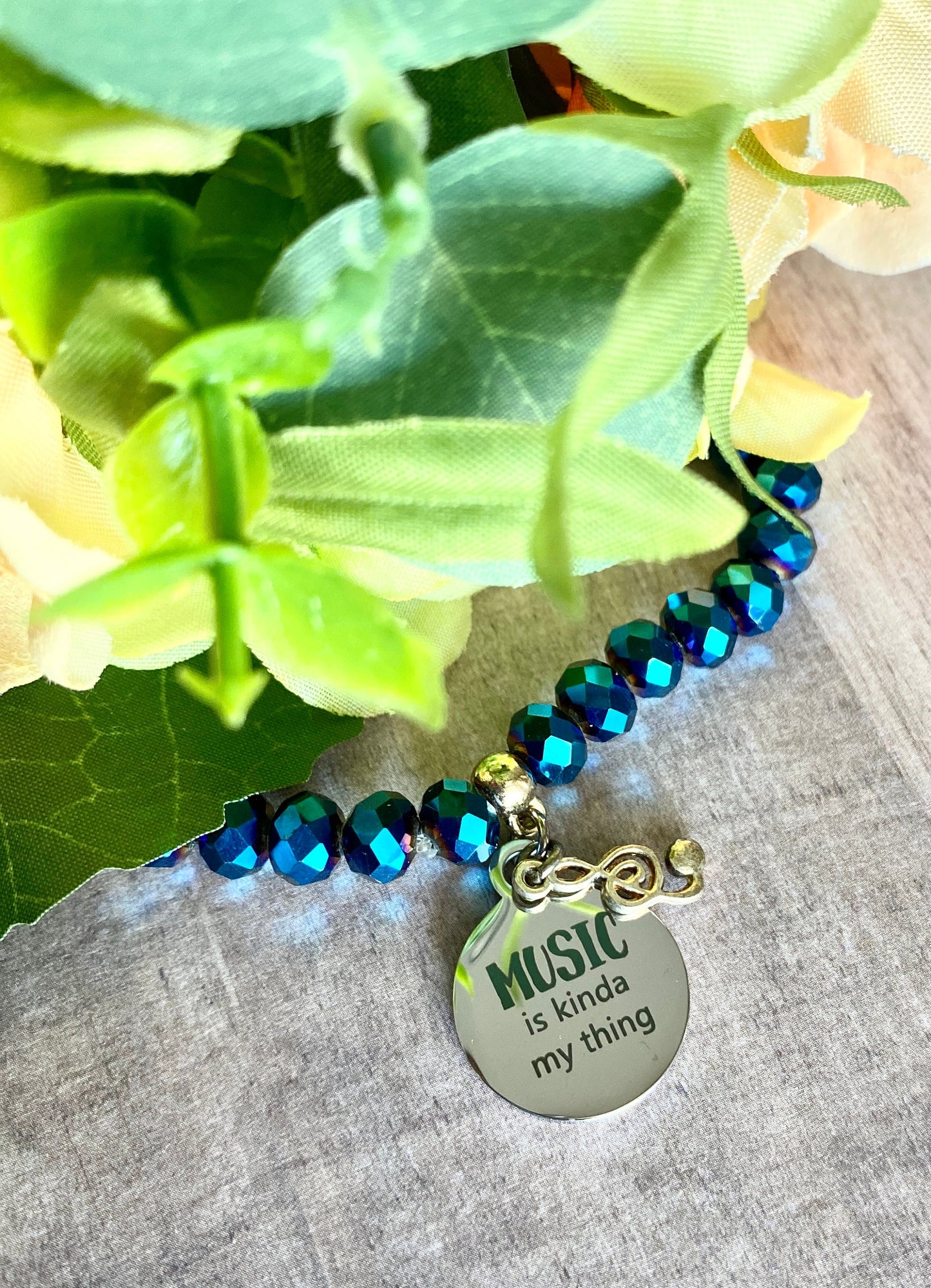 Music is Kinda My Thing Charm Bracelet, Treble Clef & Rhinestone, Blue beads, elastic band, back to school, college teacher student gift