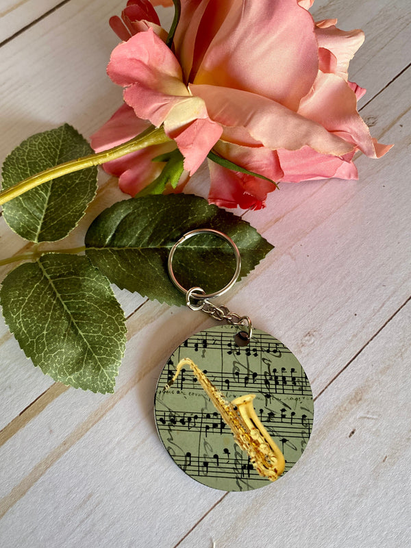 Tenor Sax Keychain, saxophone player, Musical Instrument, vintage sheet music, cute key accessory, graduation, college student teacher gift