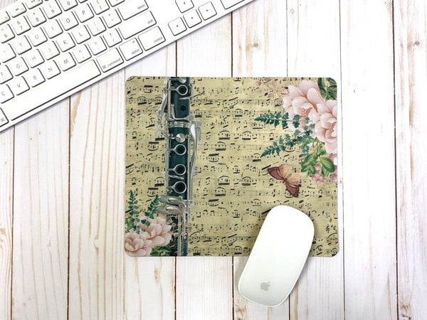 Clarinet mousepad with vintage sheet music and vivid floral design, gift for Clarinetist, clarinet player gift, back to school, college gift