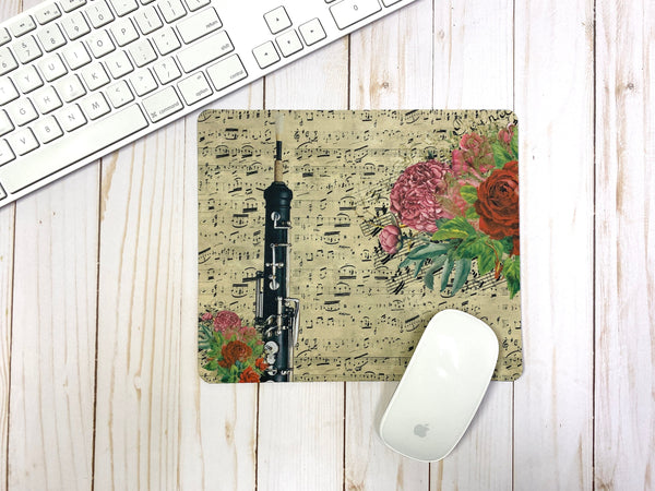 Oboe mousepad with vintage sheet music & vivid floral design, gift for oboist, oboe player gift, back to school college Student teacher gift