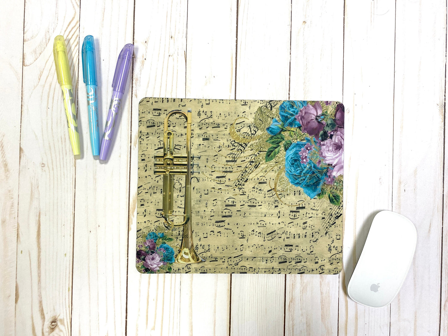 Trumpet mousepad w/ vintage sheet music & vivid florals, gift for trumpeter, horn player gift, back to school, college Student teacher gift