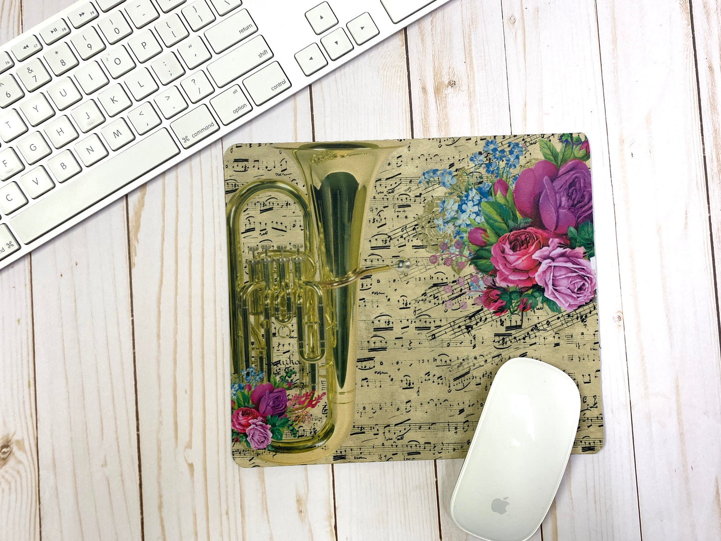 Tuba Euphonium mousepad w/ vintage sheet music & vivid florals, gift for low brass player, back to school, college Student teacher gift