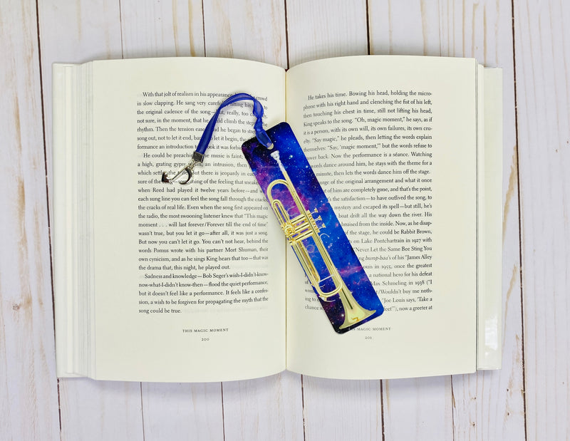 Metal Trumpet Bookmark with Purple Galaxy Design, graduation, gift for musician, College music student teacher gift, gift for trumpet player
