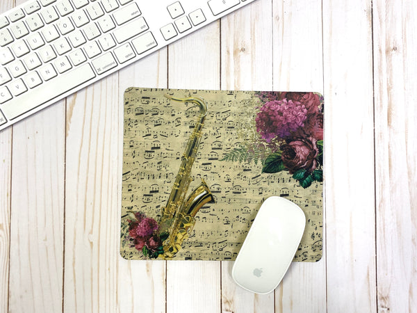 Saxophone mousepad with vintage sheet music & vivid florals, gift for saxophonist, sax player gift, back to school, Student teacher gift