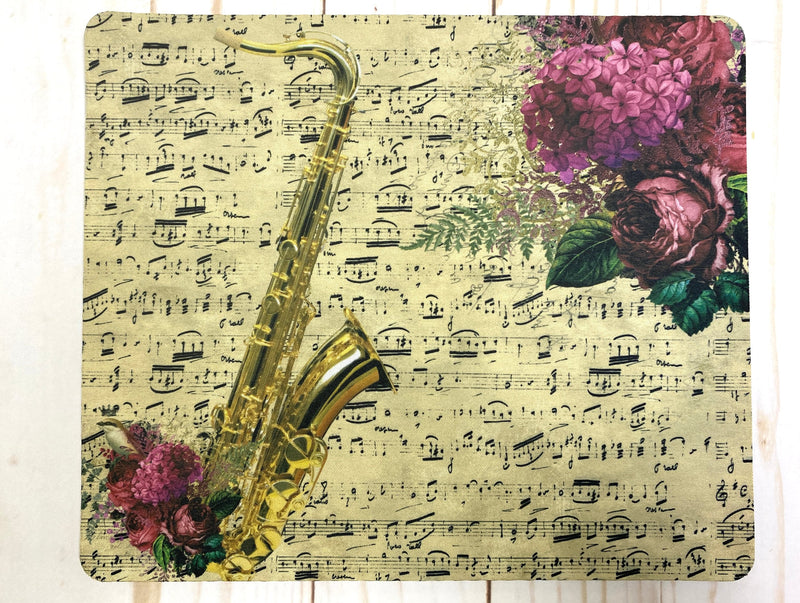 Saxophone mousepad with vintage sheet music & vivid florals, gift for saxophonist, sax player gift, back to school, Student teacher gift