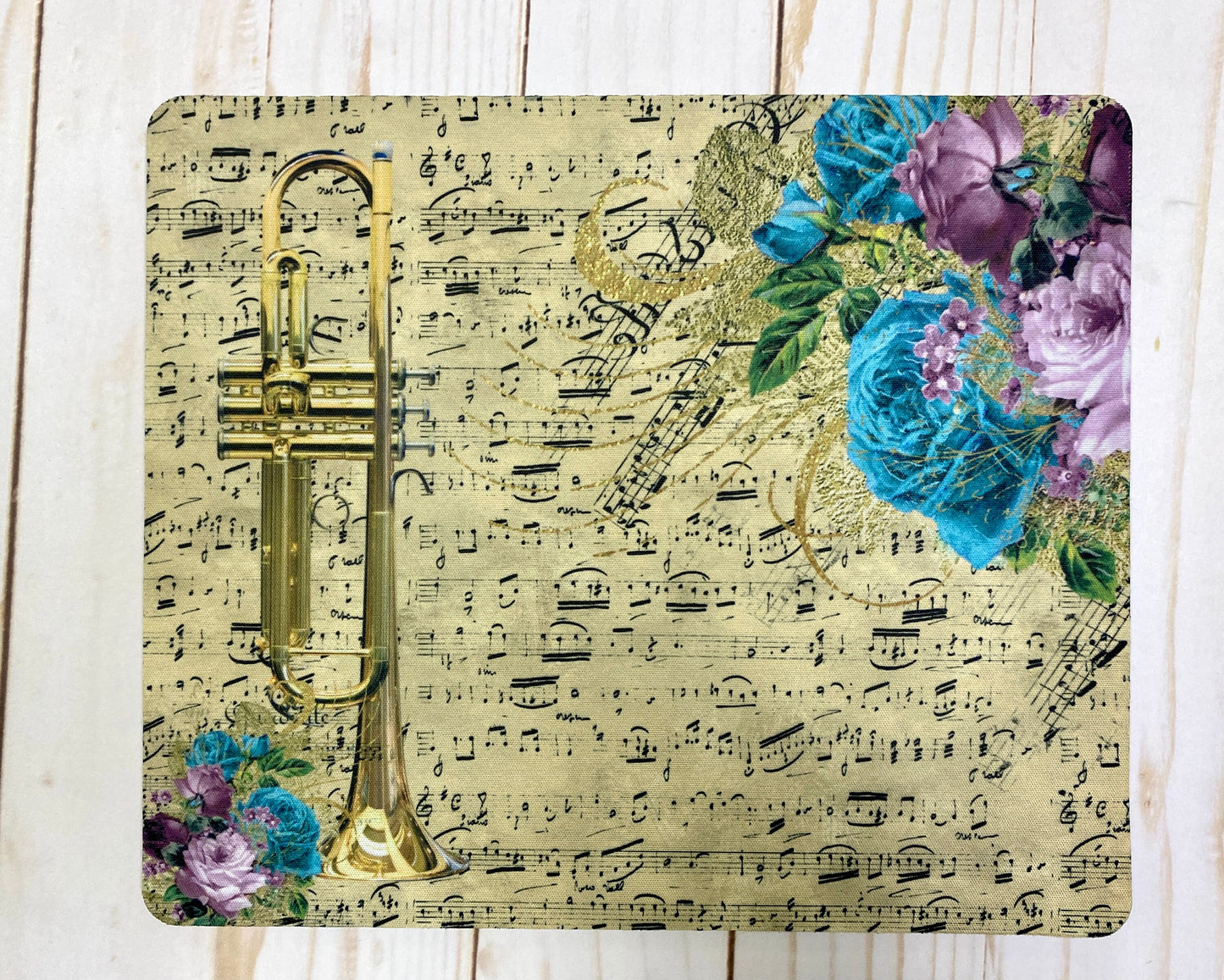 Trumpet mousepad w/ vintage sheet music & vivid florals, gift for trumpeter, horn player gift, back to school, college Student teacher gift