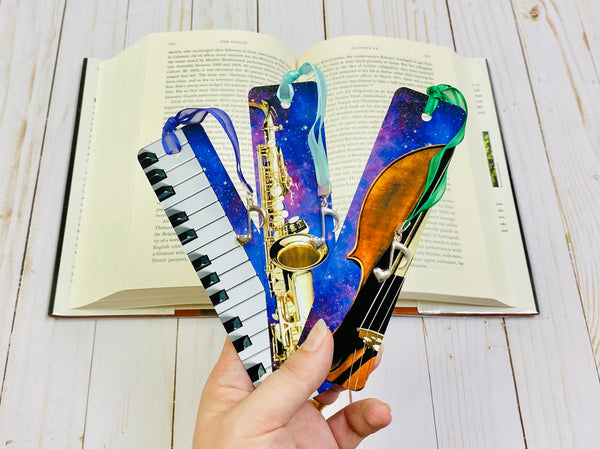 Metal Saxophone Bookmark with Purple Galaxy Design, graduation, gift for musician, College music student teacher gift, gift for sax player