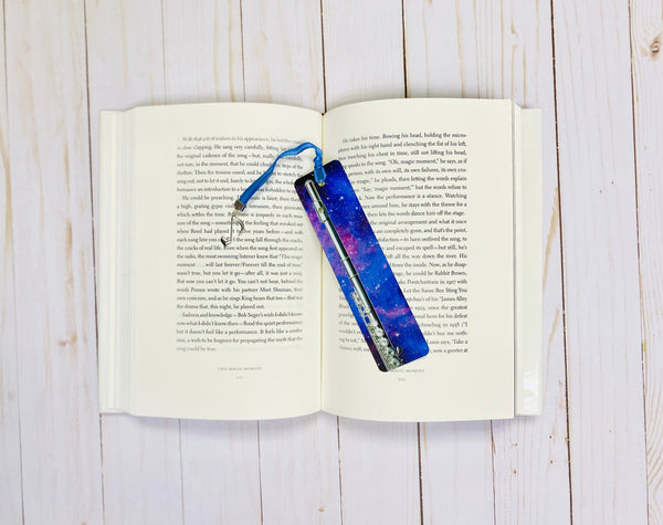 Metal Flute Bookmark with Purple Galaxy Design, graduation, gift for musician, College music student teacher gift, gift for flute player