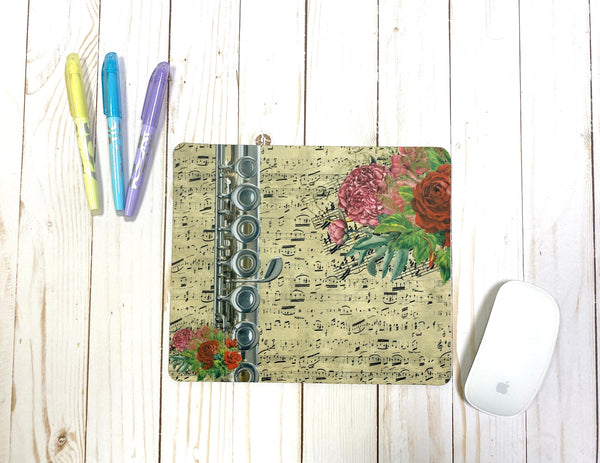 Flute mousepad w/ vintage sheet music & vivid florals, gift for flautist, flute player gift, back to school, college Student teacher gift