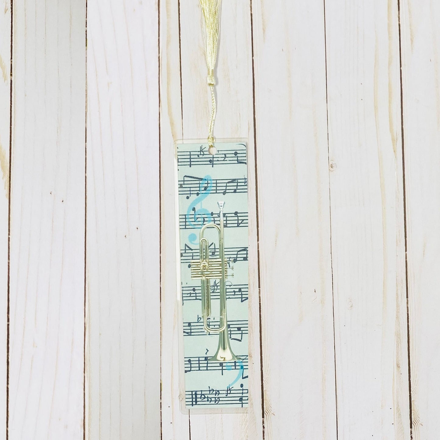 Large Blue Trumpet Bookmark, Vintage Sheet Music Design, graduation, gift for musician grad, College music student teacher gift, music nerd