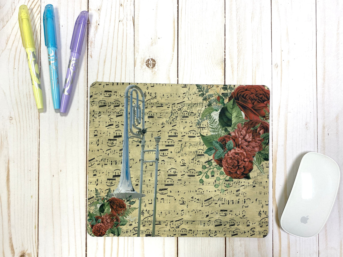 Silver trombone mousepad with vintage sheet music and floral design, for trombonist, trombone player gift, back to school, college gift