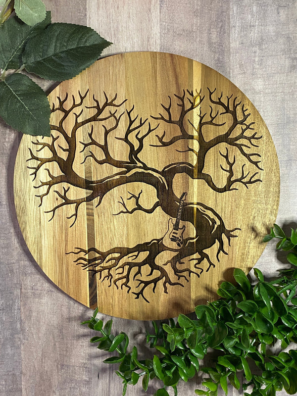 Guitar Heart Tree Trivet, Wooden Guitar Art, Guitar Wall Art, Circle Wood Music Sign, 9" Wood Circle Decor, Electric Guitar Art, Guitar gift