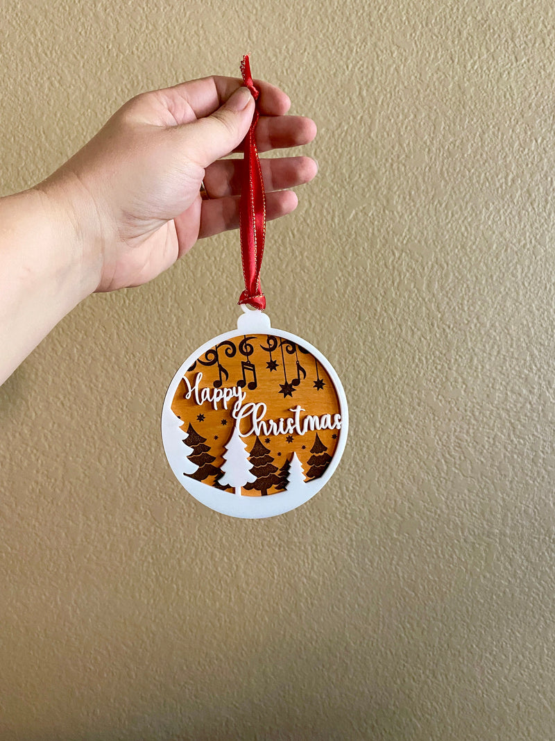 Wood and Acrylic Happy Christmas Ornament, Hanging Music Notes, Music note ornament, snow trees and notes design, Handmade gift, Music gift