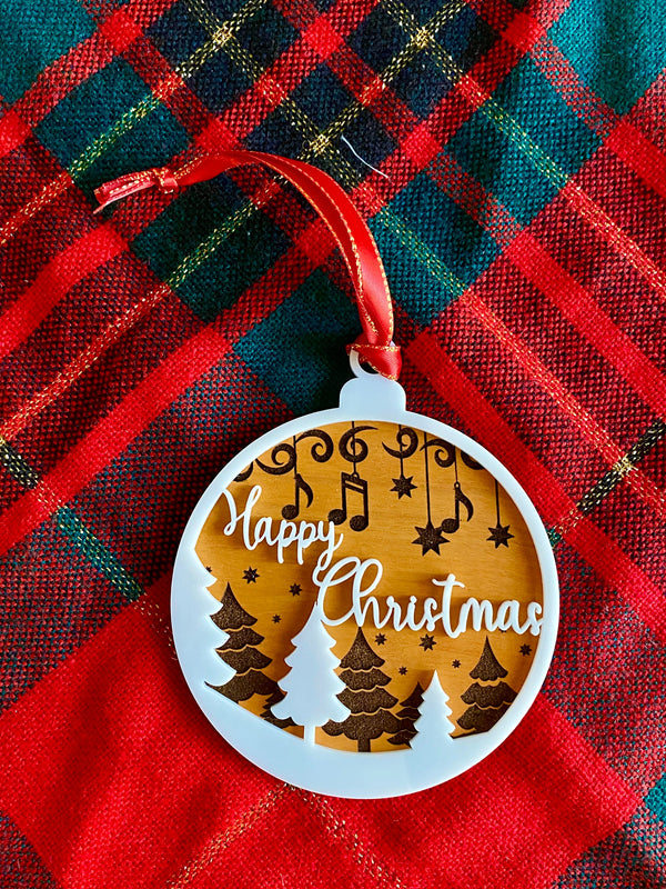 Wood and Acrylic Happy Christmas Ornament, Hanging Music Notes, Music note ornament, snow trees and notes design, Handmade gift, Music gift