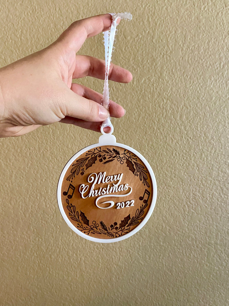 Wood and Acrylic Merry Christmas, Layered Ornament, Music Note Wreath, Music note ornament, Christmas 2022, Handmade gift, Music lover gift
