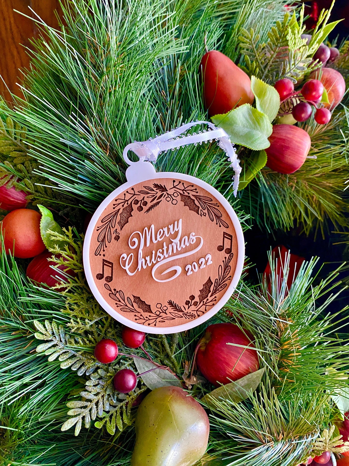 Wood and Acrylic Merry Christmas, Layered Ornament, Music Note Wreath, Music note ornament, Christmas 2022, Handmade gift, Music lover gift