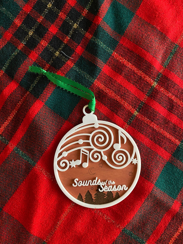 Sounds of the Season Wood Ornament, Layered Acrylic Ornament, Engraved Wood, Music note ornament, Handmade Christmas gift, Music lover gift