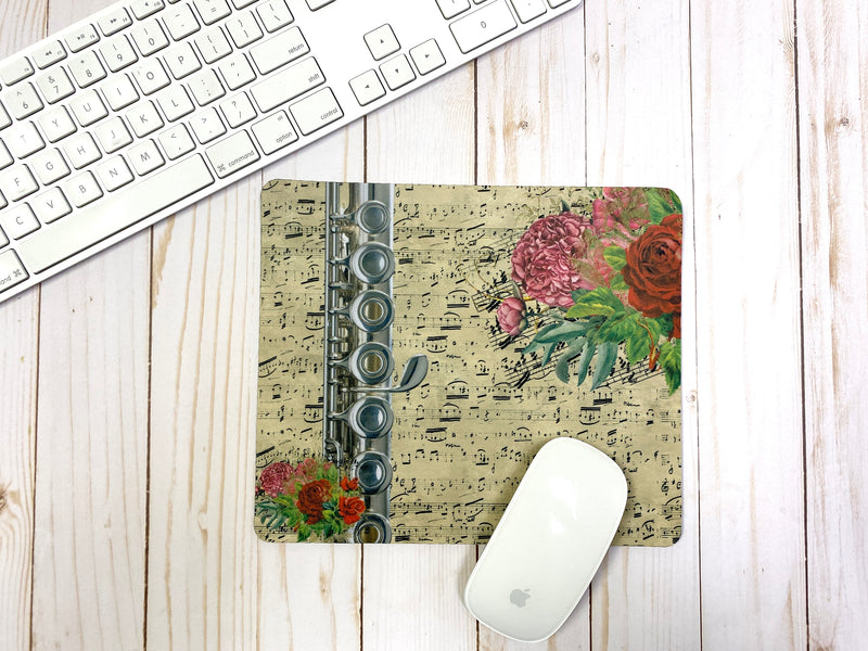 Flute mousepad w/ vintage sheet music & vivid florals, gift for flautist, flute player gift, back to school, college Student teacher gift