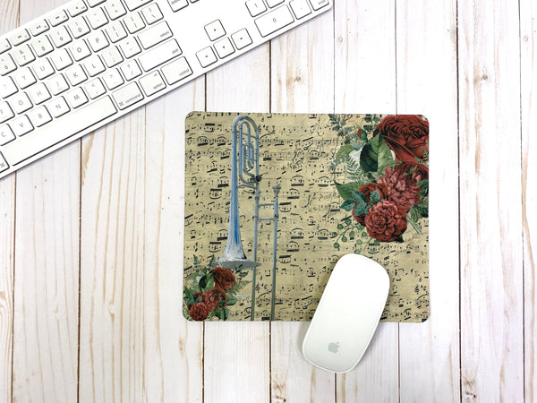 Silver trombone mousepad with vintage sheet music and floral design, for trombonist, trombone player gift, back to school, college gift