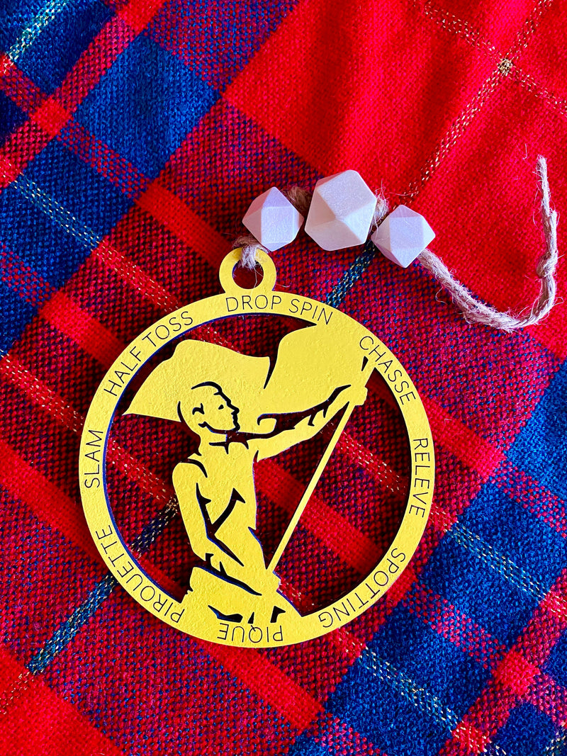 Male Color Guard Flag Ornament, Wood Bead Car Charm, Marching Band Christmas Gift, Drum Corp, WGI Boy Flag Circle Hanger, Man Holding Flag