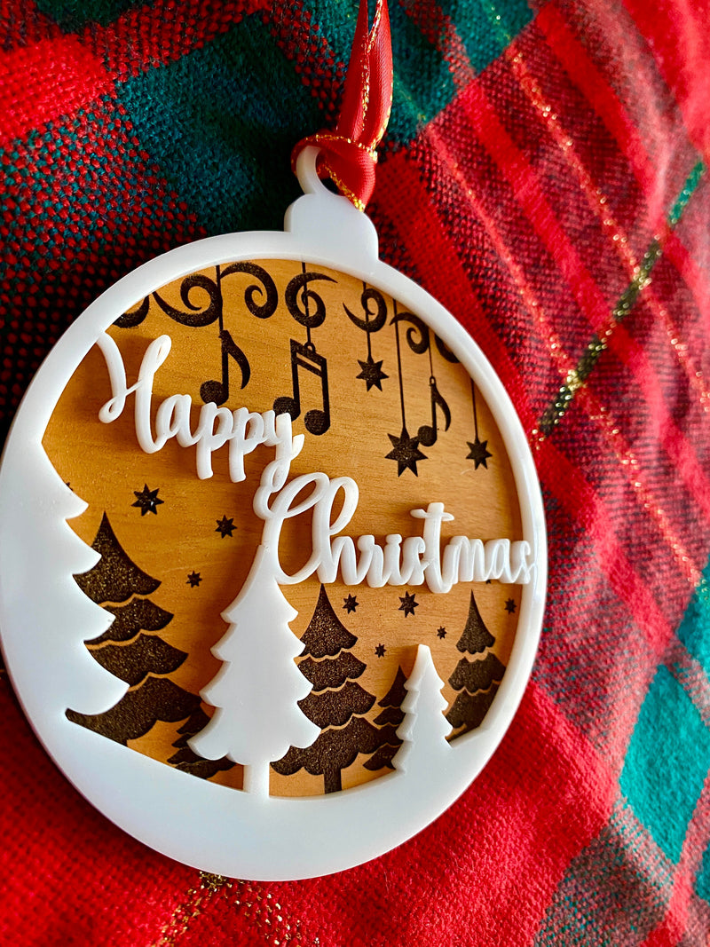 Wood and Acrylic Happy Christmas Ornament, Hanging Music Notes, Music note ornament, snow trees and notes design, Handmade gift, Music gift