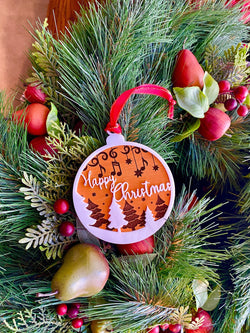 Wood and Acrylic Happy Christmas Ornament, Hanging Music Notes, Music note ornament, snow trees and notes design, Handmade gift, Music gift