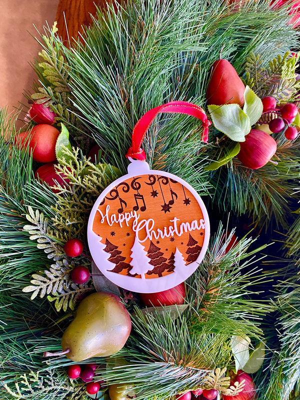 Wood and Acrylic Happy Christmas Ornament, Hanging Music Notes, Music note ornament, snow trees and notes design, Handmade gift, Music gift