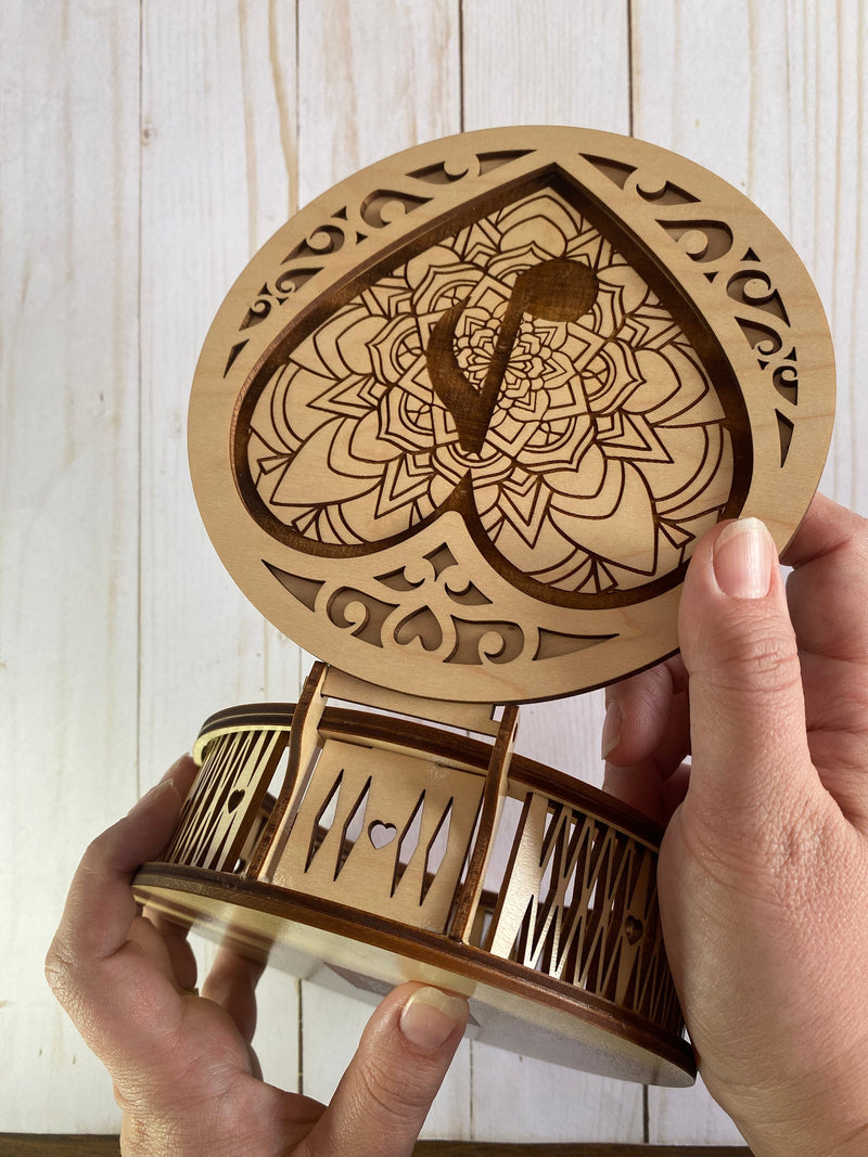6 inch round wood jewelry box, engraved music note box, gift for musician, laser cut circle box, mandala heart design, living hinge box
