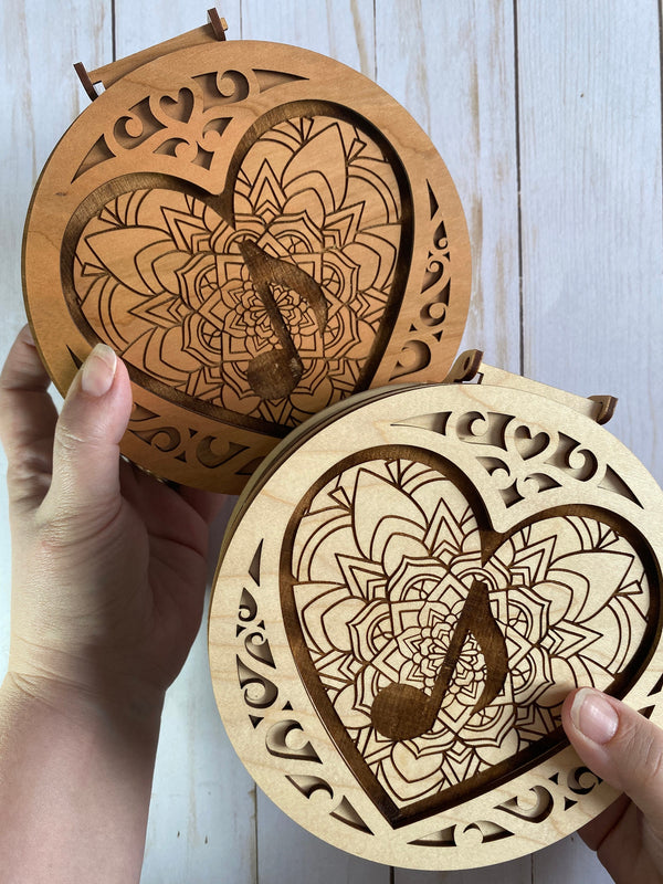 6 inch round wood jewelry box, engraved music note box, gift for musician, laser cut circle box, mandala heart design, living hinge box