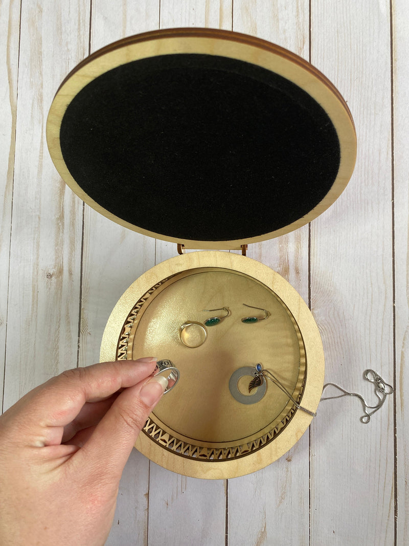 6 inch round wood jewelry box, engraved music note box, gift for musician, laser cut circle box, mandala heart design, living hinge box