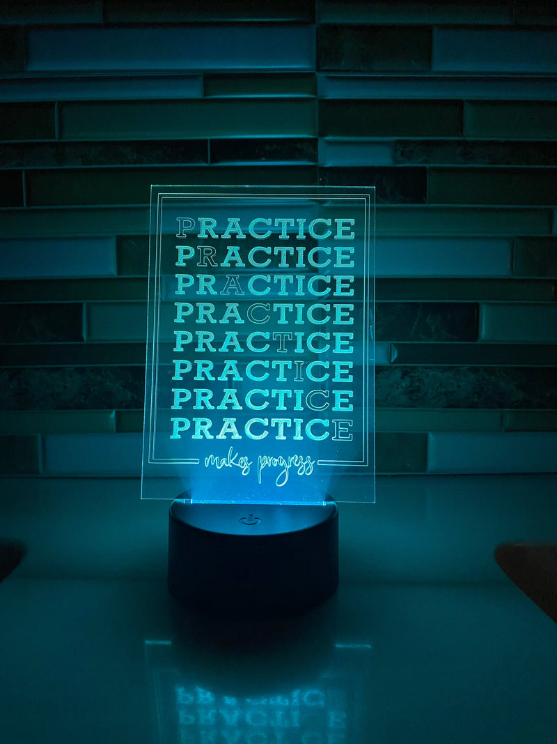 PRACTICE Makes Progress LED lamp, engraved acrylic light, desktop light, music decor, gift for musician, color changing nightlight, teacher