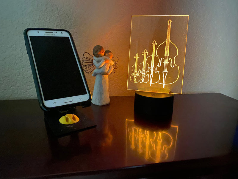 String Instruments LED lamp, engraved acrylic light, orchestra gift, music decor, for violin viola cello bass player, music nightlight