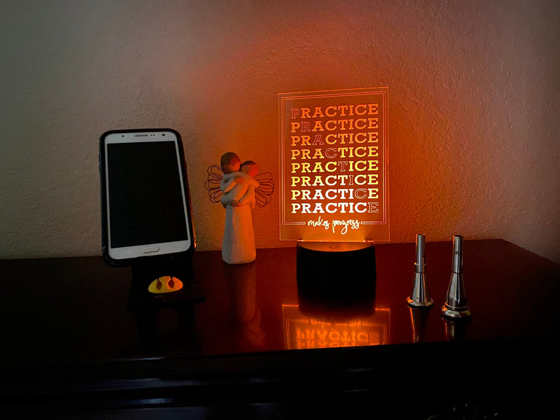 PRACTICE Makes Progress LED lamp, engraved acrylic light, desktop light, music decor, gift for musician, color changing nightlight, teacher