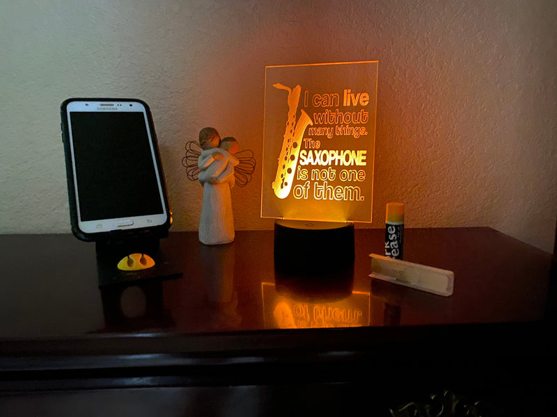 Can’t Live Without Bari Sax LED lamp, engraved acrylic light, desktop light, music decor, for saxophone player, color changing nightlight