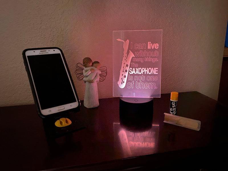 Can’t Live Without Bari Sax LED lamp, engraved acrylic light, desktop light, music decor, for saxophone player, color changing nightlight