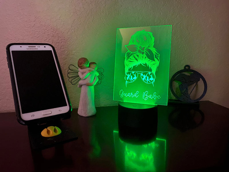 Guard Babe LED lamp, engraved acrylic light, desktop light, music decor, gift for colorguard member, color changing nightlight, color guard