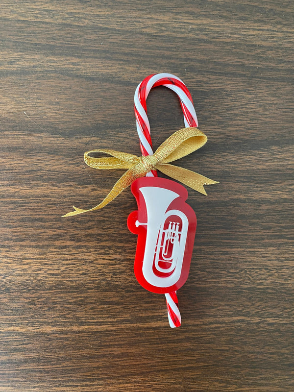 Tuba Candy Cane Ornament, Christmas Tree Decoration, Music Holiday Decor, Band Teacher Gift, Euphonium Ornament, Handmade StockingTag