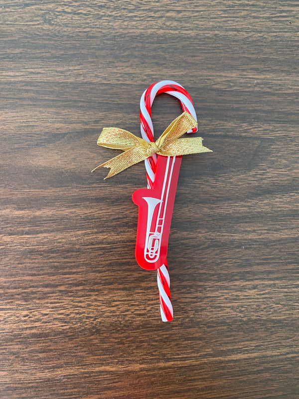 Trombone Candy Cane Ornament, Christmas Tree Decoration, Music Holiday Decor, Band Teacher Gift, Instrument Ornament, Handmade StockingTag